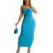 Women s Tube Top Dress Strapless Solid Color Tie Front Slim Fit Party Long Dress