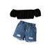 Qtinghua Toddler Baby Girls Summer Outfits Short Sleeve Shirts Off Shoulder Crop Top with Jeans Shorts 2Pcs Clothes Black 3-4 Years