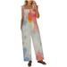 JURANNMO Women s Casual Tie Dye Print Sleeveless Strap Loose Knot Jumpsuits Floral Print Stretchy Long Pants Romper with Pockets