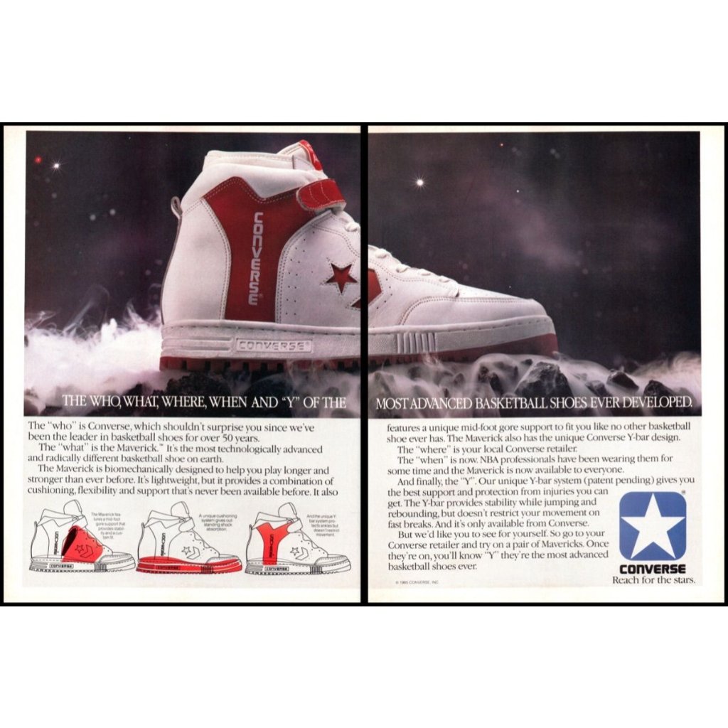 Converse Art | 1985 Converse Maverick High Top Sneaker 2 Page Vintage Print Ad Sneakerhead Art | Color: Red/White | Size: Roughly 8x11