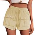 JDEFEG Cropped Pants for Women Casual Petite Women s Linen Shorts Casual Elastic Waist Rope Drawstring with Pockets Pull On Summer Beach Hem Pants Office Pants for Women Stretch Beige S