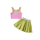 Suanret Toddler Kids Girls 3Pcs Outfits Letter Sleeveless Tank Tops + Pleated Skirts + Waist Belt Summer Sets Green 1-2 Years