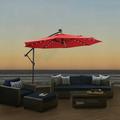 CITYLE Solar LED Lighted Patio Umbrella with 8 Ribs/Tilt Adjustment and Crank Lift System 32 Solar LED Lights Offset Hanging Market Umbrella for Backyard Poolside Lawn and Garden UPF 50+ Red