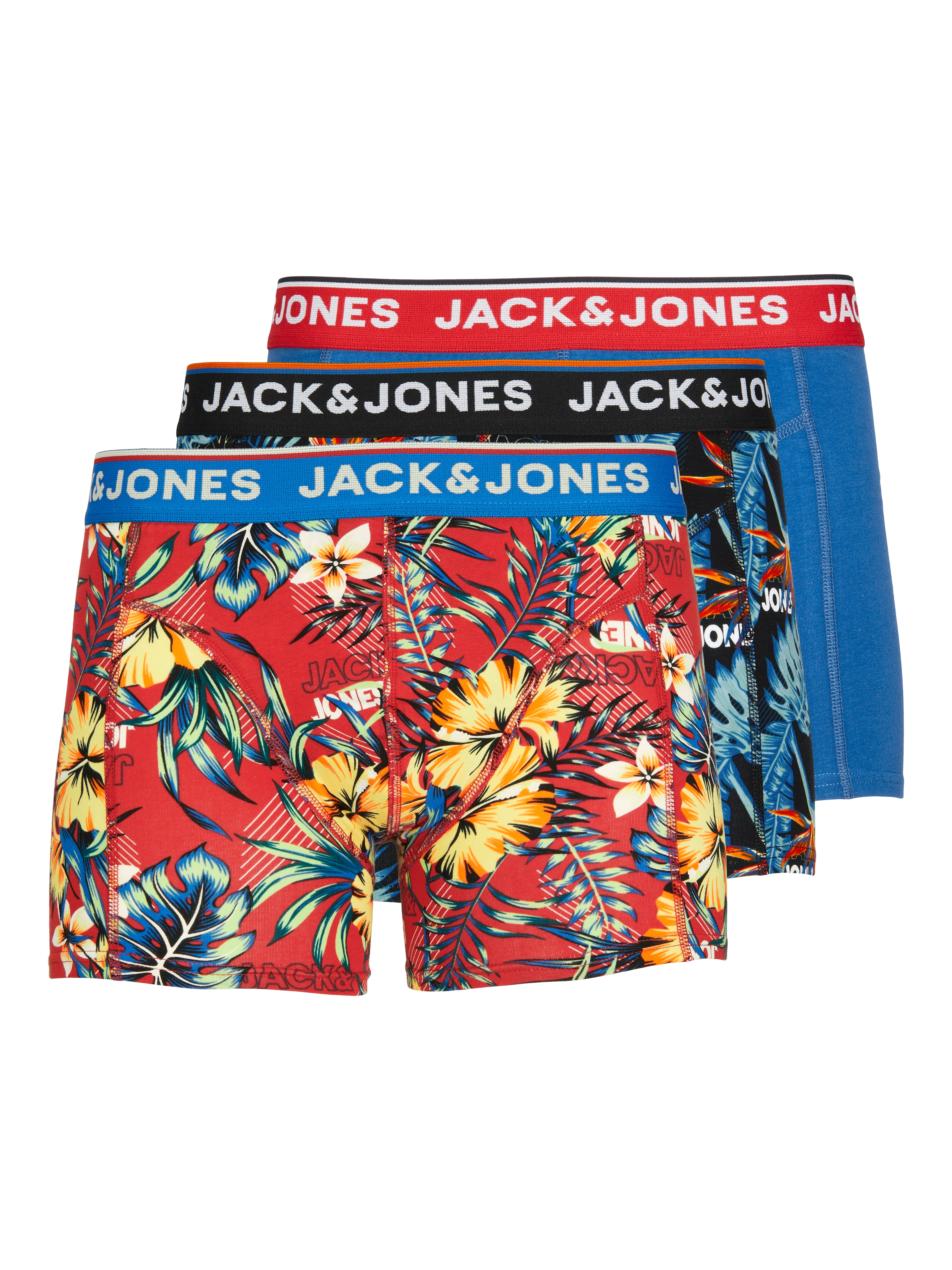 Boxershorts JACK & JONES "JACAZORES im 3er-Pack mit elastischem Bund und bequemem Stoff", Herren, Gr. XXL, 3 Stk., schwarz, Single Jersey, Obermaterial: 95% Baumwolle, 5% Elasthan, bedruckt, unifarben mit Farbeinsatz, Unterhosen, bedruckt, casual...