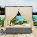 Outdoor Adjustable Canopy Sunbed Sofa, Poly Rattan Loveseat Set Patio Bed with Curtain and High Comfort Polyester Cushion
