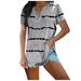 iOPQO t shirts for women Fashion Women Loose Round Striped Print V-neck Button-up Short-Sleeved Tops Women s T-Shirts Grey 3XL