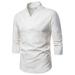 iOPQO mens dress shirts Men s Retro casual fashion solid color linen slim middle sleeve T-shirt dress shirts for men White + XL