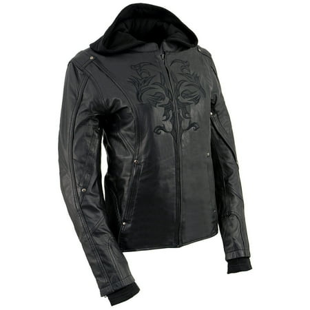 Milwaukee Leather ML2066 Women s 3/4 Black Leather Hoodie Jacket with Reflective Tribal Design Large