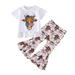 Rovga Outfits For Girls Toddler Short Sleeve Independence Day 4Th Of July Cartoon Cow Printed Tassels T Shirt Tops Bell Bottoms Pants Kids Outfits For 18-24 Months