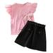 Rovga Outfits For Girls Kids Toddler Ruffled Sleeve Bowknot Print Tops Solid Skirt With Belt Outfits Set For 5-6 Years