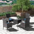 ALAULM 5 Pieces Outdoor Patio Dining Set Rattan Furniture with Glass Table 4 Cushioned Chairs for Backyard Navy Blue