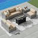 Walsunny 8 PCS Patio Furniture Set with 45 50000BTU Gas Propane Fire Pit Table All Weather PE Wicker Rattan Patio Conversation Sofa Silver Rattan/Khaki