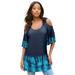 Plus Size Women's Cold-Shoulder Ultra Femme Tunic by Roaman's in Navy Tie Dye Border (Size 14/16) Long Shirt