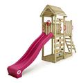 WICKEY Wooden climbing frame JoyFlyer with violet slide, Outdoor kids playhouse with wooden roof, sandpit, climbing ladder & play-accessories for the garden