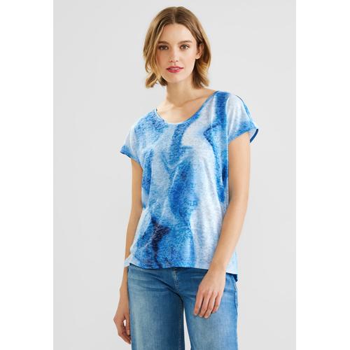 T-Shirt STREET ONE Gr. 38, blau (blue bay) Damen Shirts V-Shirts mit Burnout-Optik