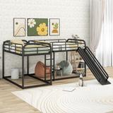 L-Shaped Full and Twin Size Metal Bunk Bed with Slide & Short Ladder for 4 Kids, Bedroom, Teens, Adults, No Box Spring Required