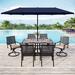 Lark Manor™ Alyah Rectangular 6 - Person 60" Long Outdoor Dining Set w/ Cushions & Umbrella Wood/Metal in Blue | 60 W x 37.4 D in | Wayfair