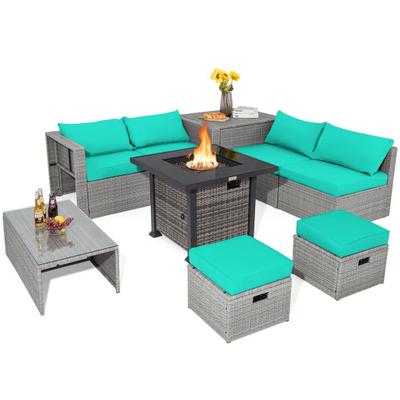Costway 9 Pieces Outdoor Patio Furniture Set with 32-Inch Propane Fire Pit Table-Turquoise