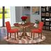 East West Furniture Table Set -a Kitchen Table with Pedestal & Firebrick Red Pu Leather Parsons Chairs, Mahogany(Pieces Options)