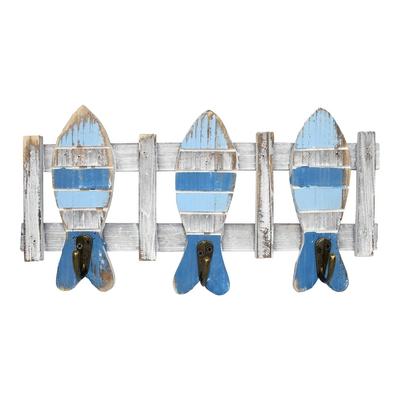 Blue and White Fish Triple Wall Hooks Wood and Metal 13 Inch - Blue and White