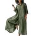 Wycnly Jumpsuits for Women Button Down Plus Size Wide Leg Cotton Line Long Jumpsuits Overalls with Pocket Summer Fashion Solid Lapel Long Sleeve Maxi Rompers Green xxxl