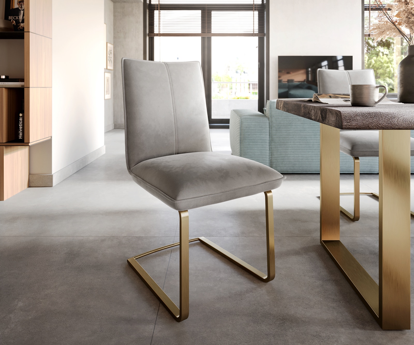 DELIFE Freischwinger Lelio-Flex Samt Grau Freischwinger flach Gold Taschenfederkern, Esszimmerstühle Image