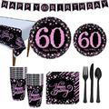 Happy 60th Birthday Party Supplies Set for Women - 16 Guests - Pink Gold Disposable Tableware And Decoreation Pack, Include 7” Paper Plates 9” Plates Banner 12 OZ Cups Napkins Tablecloth Cutlery