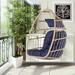 Hanging Egg Chair Patio Wicker Hammock Chair with Hanging Chains Outdoor All Weather Rattan Foldable Basket Swing Chair with Navy Cushions for Porch Backyard Garden Bedroom D7741