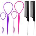 6pcs Hair Loop Styling Tool with Topsy Tail Hair Tools Set 4Pcs French Braid Tool Loop (Pink purple) 2pcs Metal Stainless Steel Pin Rat Tail Comb (black)