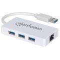 Manhattan USB-A 3-Port Hub with Gigabit Ethernet Adapter, 3x USB-A Por