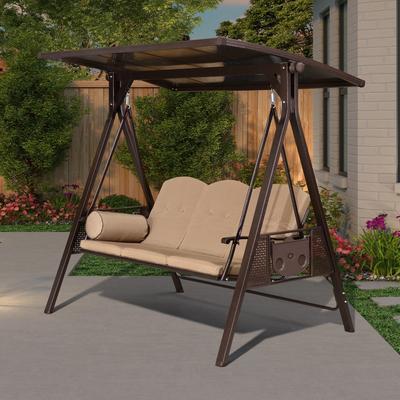 PURPLE LEAF 3-seat Outdoor Porch Swing with Adjustable PVC Canopy - 70.86"(H) X 76.77"(W) X 47.24"(D)