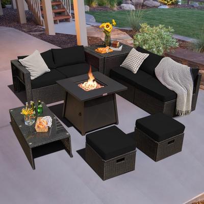 Costway 9PCS Patio Rattan Furniture Set Fire Pit Space-saving W/ - See Details