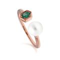 Women's Green Pearl & Emerald Open Ring In Rose Gold Plated Sterling Silver Gemondo