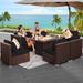 Latitude Run® 7-Piece Outdoor Patio Wicker Sofa Set w/ Firepit Table & Cushions Synthetic Wicker/All - Weather Wicker/Metal/Wicker/Rattan/Rust | Wayfair