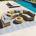 9-Piece Outdoor Wicker Round Sofa Set Half-Moon Sectional Patio Sofa Set with Side Table Curved Sofa Set With Round Coffee Table Steel Legs Movable Cushion Gray Cushion & Brown Frame