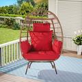 Wicker Egg Chair Oversized Indoor Outdoor Boho Lounger Chair Stationary Egg Basket Chair All-Weather 440lb Capacity Patio Chair Red