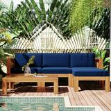 TOPMAX Outdoor Backyard Patio Wood 5-Piece Sectional Sofa Seating Group Set with Cushions Natural Finish+ Blue Cushions