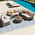 9-Piece Outdoor Wicker Round Sofa Set Half-Moon Sectional Patio Sofa Set with Side Table Curved Sofa Set With Round Coffee Table Steel Legs Movable Cushion Beige Cushion & Gray Frame