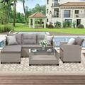 BTMWAY 4 Piece Patio Furniture Set Outdoor Wicker Rattan Sectional Sofa Set with Seat Cushions Glass Table Loveseat Sofa Arm Chair and Chaise Lounge Patio Conversation Set for Backyard Balcony