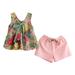 TAIAOJING Girls Shorts Sets Summer 2 Pieces Outfits Fly Sleeve Cartoon Prints Dress Princess Dresses Clothes Headbands Set Suit Floral Style Vest Top Shorts Two Piece Set 3-4 Years