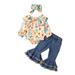 Dress Set Baby Girl Little Girls Outfits Baby Boys Cotton Floral Autumn Long Sleeve Pants Romper Bodysuit Bell Bottom Headbands Set Clothes Baby Sleeve