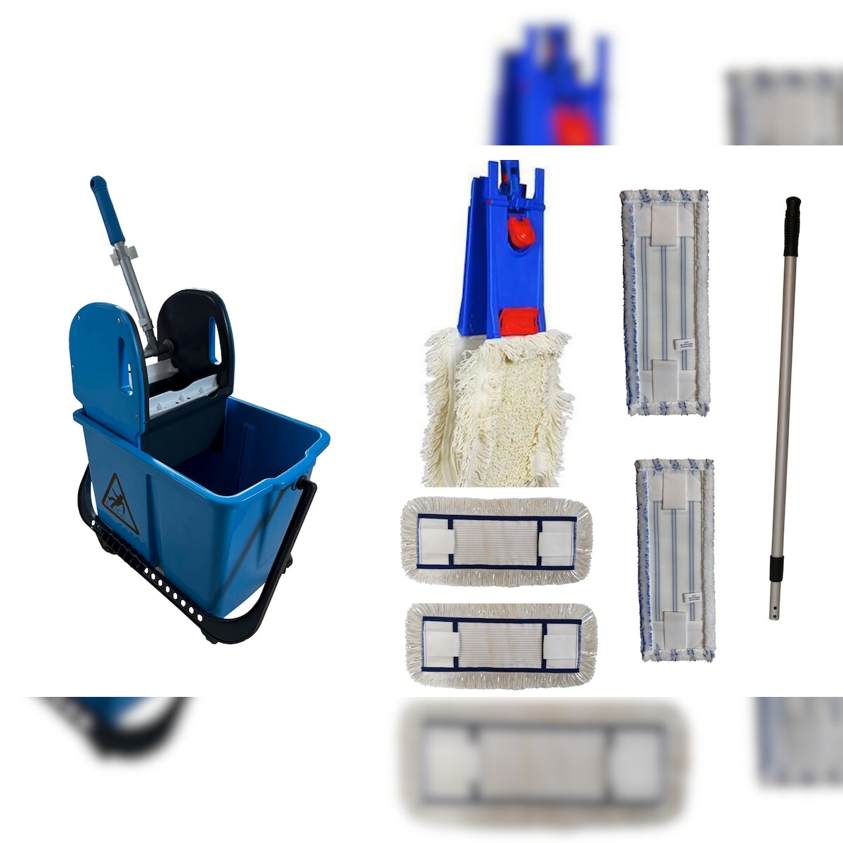 CleanSV Wischset blau Laschenmop 40 cm, Reinigungswagen 20 Liter, Presse, Laschenmophalter, 3 x Laschenmop Baumwollmop, 2 Microfasermop Teleskopstiehl Image