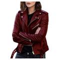 Stamzod Women s Faux Leather Belted Motorcycle Jacket Long Sleeve Zipper Fitted Fall and Winter Fashion Moto Bike Short Jacket Coat Wine L