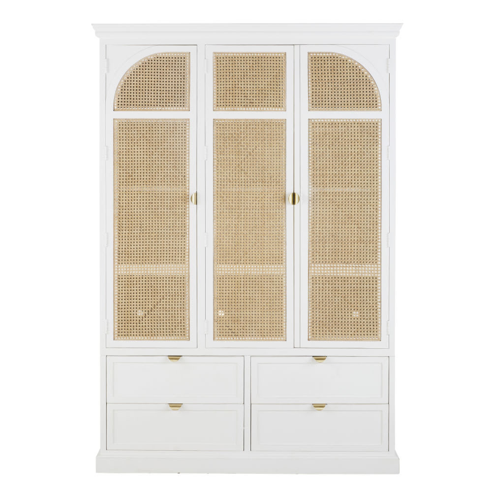 Armoire 3 portes battantes 4 tiroirs blanc et cannage en rotin L140