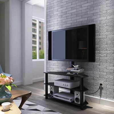 3-Tier Black Multi-Function TV Stand with Adjustable Height, Swivel Bracket, and Tempered Glass Shelves