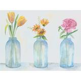 Wildon Home® Flowers in Glass Jars - Wrapped Canvas Print Metal in Blue/Pink/Yellow | 24 H x 32 W x 1.25 D in | Wayfair