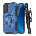 TJS for Samsung Galaxy S21 FE 5G 2022 Phone Case 3 in 1 Combo Belt Clip Holster Impact Resist Rugged Kickstand Phone Cover (Blue)