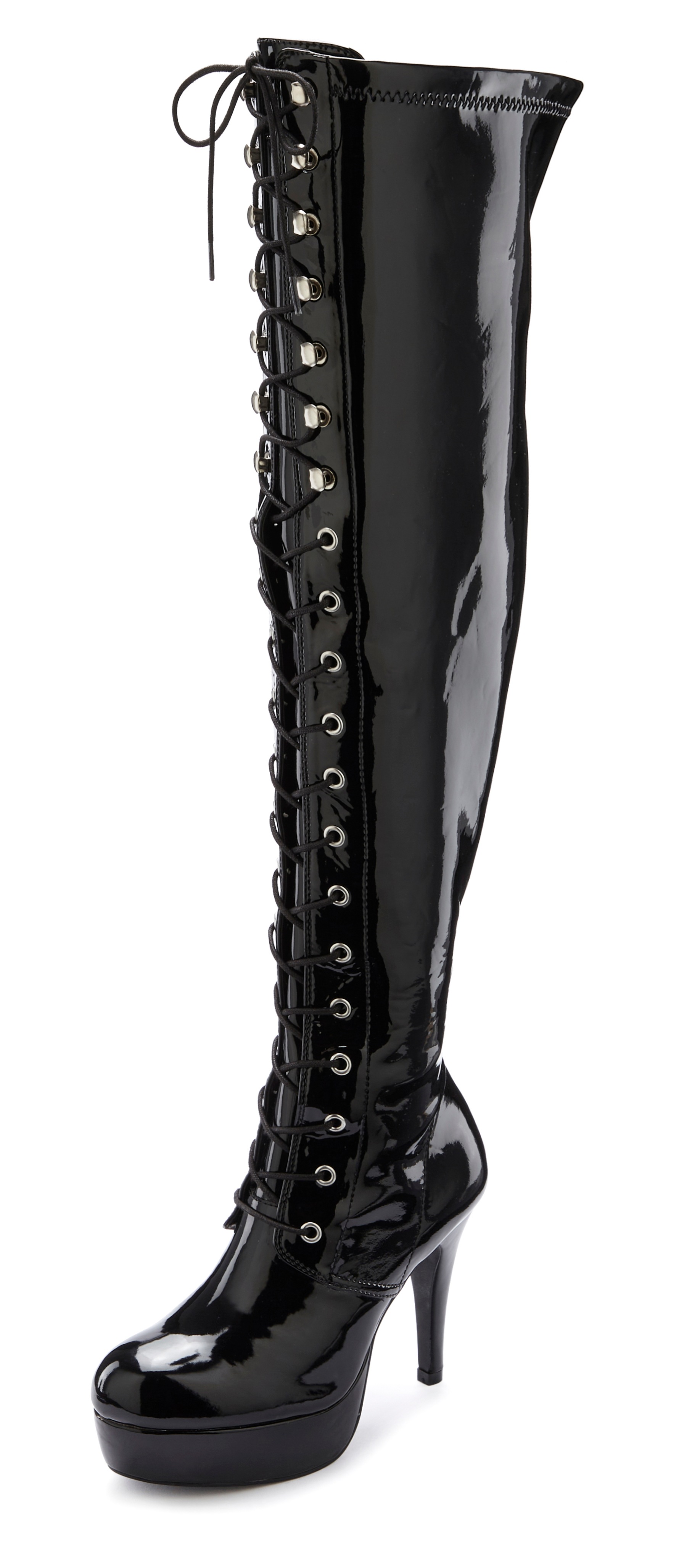 Overkneestiefel "High-Heel-Stiefelette zum Schnüren", Damen, Gr. 43, schwarz, Obermaterial: 100% Lederimitat. Futter: 100% Textilmaterial. Decksohle: 100% Lederimitat. Laufsohle: 100% Synthetik, LASCANA BELLE AFFAIRE, glänzend, Sexy, Schuhe...