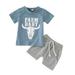 B91xZ Baby Boy Outfit Toddler Boys Clothes Cow Letters Prints Short Sleeve Tops Shorts 2pcs Clothing Set Outfits Blue Size 6-12 Months