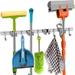 Kogiio Mop and Broom Rack Wall Mounted Metal Storage Rack Tool for Kitchen Closet Garage Garden Broom Organizer Wall Mounted 4 Card Slots 5 Hooks Silver